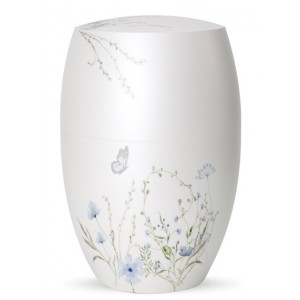 Biodegradable Cremation Ashes Urn – Botanique Edition - Mother of Pearl, Matt White - Blue Meadow Flowers Motif