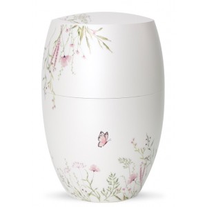 Biodegradable Cremation Ashes Urn – Botanique Edition - Mother of Pearl, Matt White - Pink Meadow Flowers Motif