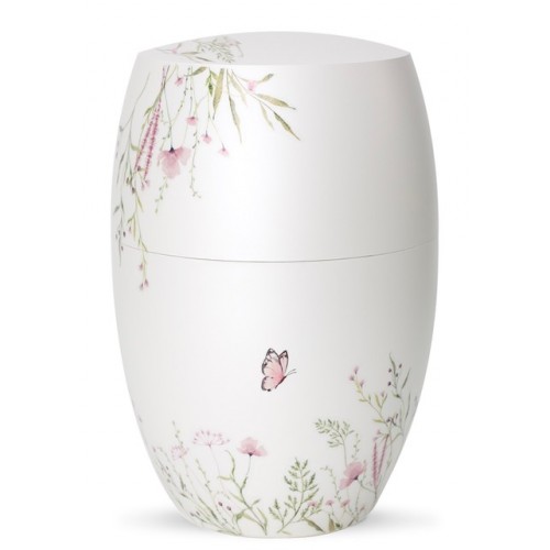 Biodegradable Cremation Ashes Urn – Botanique Edition - Mother of Pearl, Matt White - Pink Meadow Flowers Motif