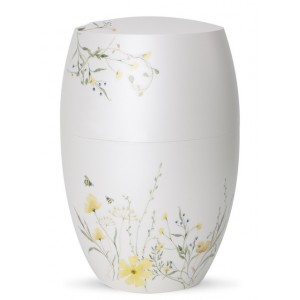 Biodegradable Cremation Ashes Urn – Botanique Edition - Mother of Pearl, Matt White - Yellow Meadow Flowers Motif