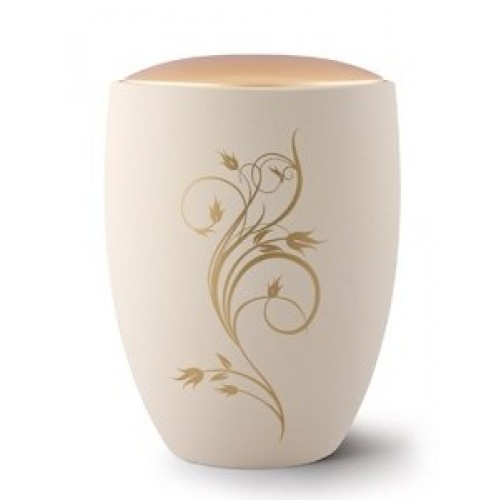 Seville Ceramic Cremation Ashes Urn – Cream with Antique Gold Floral Design & Lid