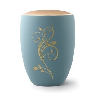 Seville Ceramic Cremation Ashes Urn – Turquoise with Antique Gold Floral Design & Lid