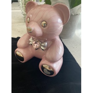 Infant / Child / Boy / Girl Cremation Ashes Urn (Memory Teddy Bear with Silver Bow and Paw Motif - Pink)