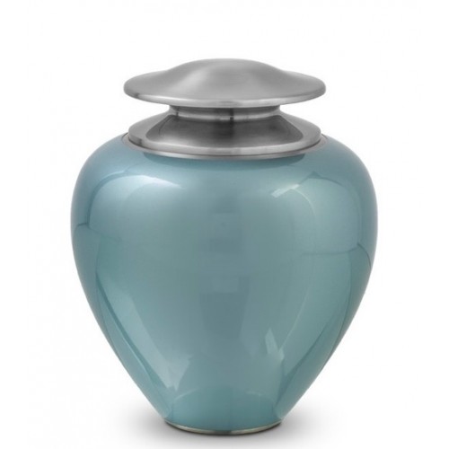 Premium Quality Metal Cremation Ashes Urn – Pearl Blue and Silver – High Shine