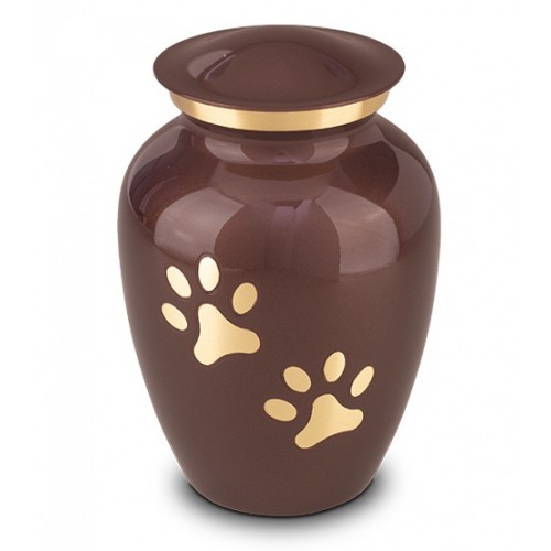Brass - Pet Animal Cremation Ashes Urn 1.4 Litres (Brown with Gold Pawprints / Feet)