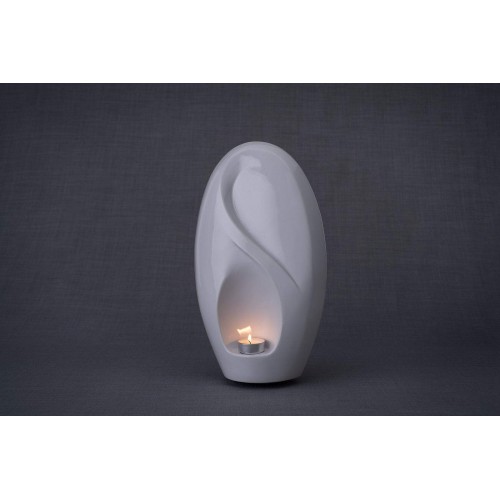 Ceramic (Adult Size) Memorial Candle Holder Cremation Ashes Urn – Eternal Light – Polar White