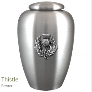 The English Pewter Cremation Ashes Urn – Scotland / Scottish Thistle – Solid Pewter Adornment