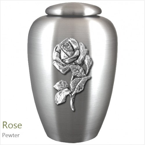 The English Pewter Cremation Ashes Urn – Rose in Full Bloom – Solid Pewter Adornment