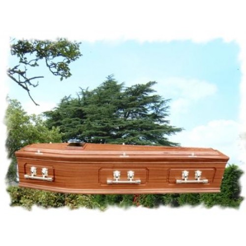 Solid Mahogany Raised Lid Panel Coffin. Special Prices Direct-To-The-Public