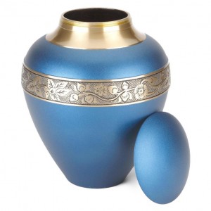  High Quality Brass Cremation Ashes Urn – Blue & Gold Purity – Intricately Hand Engraved