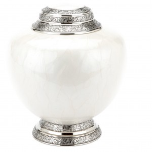 Elegant White Brass Cremation Ashes Urn – Intricately Engraved Silver Lid & Base (19th Century French Design)