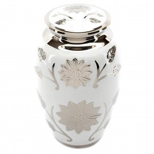 Polished White Enamel with Silver Floral Design Brass Cremation Ashes Urn - Companion Size (6.0 litres)