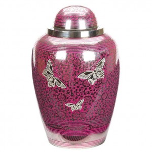 Polished Velocity Pink with Butterfly Engraving - Brass Cremation Ashes Urn - Companion Size (6.0 litres)