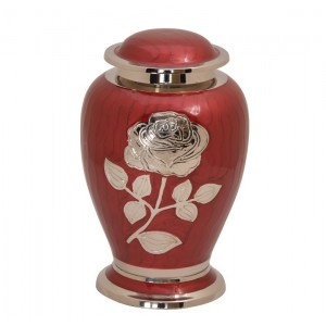 Premium Brass Cremation Ashes Urn – Vibrant Red - Companion (for 2 people) – Hand Engraved Rose Motif