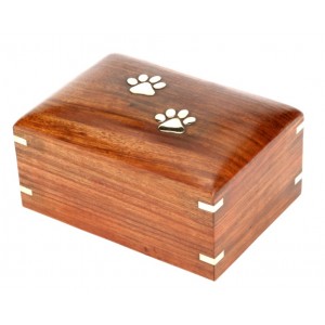 Rosewood Cremation Ashes Casket Urn – Brass Inlaid Paw Prints / Feet – Wood / Wooden Chest
