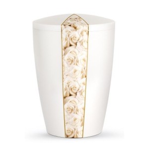 Floral Edition Biodegradable Cremation Ashes Funeral Urn – White Roses / Pearly Iridescent Surface