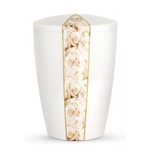 Floral Edition Biodegradable Cremation Ashes Funeral Urn – White Roses / Pearly Iridescent Surface