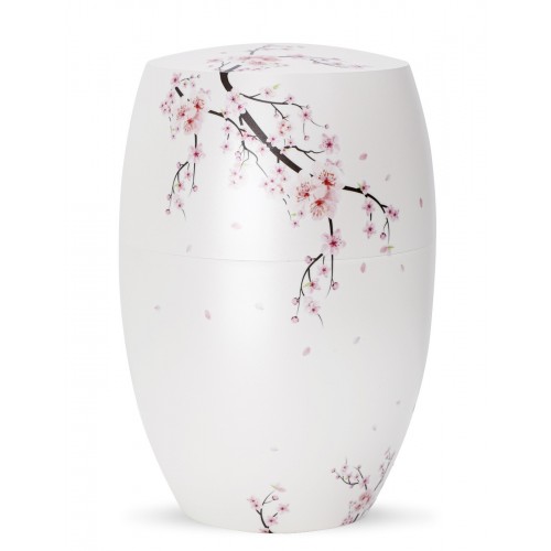 Biodegradable Cremation Ashes Urn – Botanical Edition - Mother of Pearl, Matt White - Cherry Blossoms Motif