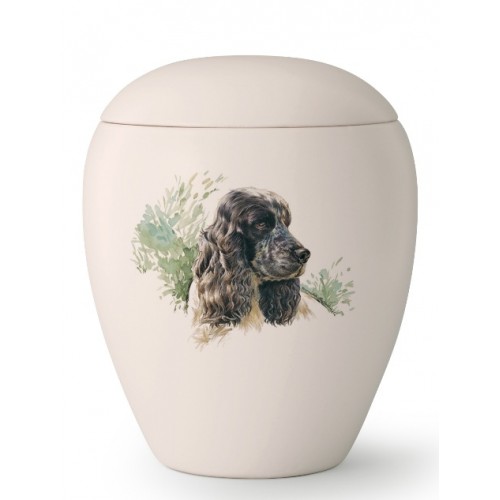 Medium Ceramic Cremation Ashes Urn – Pet Dog Animal – Hand Painted Cocker Spaniel Motif