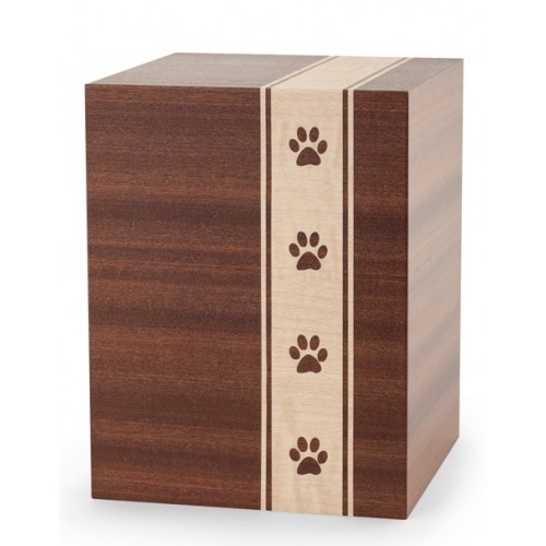 Wooden Cremation Ashes Urn – Animal / Pet Dog / Cat – Mahogany Veneer with Pawprints – 3 Sizes
