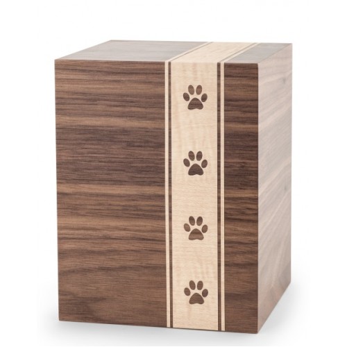 Wooden Cremation Ashes Urn – Animal / Pet Dog / Cat – Walnut Veneer with Pawprints – 3 Sizes