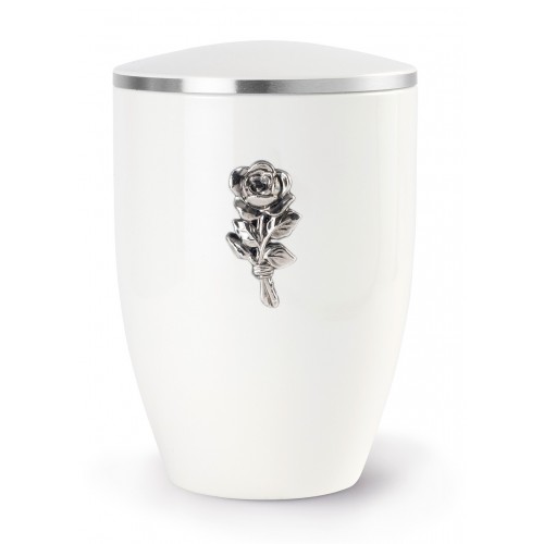 Melina Edition Steel Cremation Ashes Urn – White with Silver Rose Motif