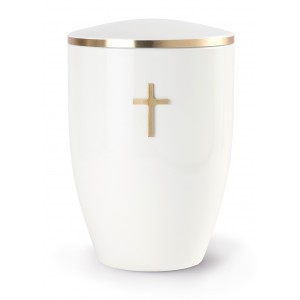 Melina Edition Steel Cremation Ashes Urn – White with Gold Cross Motif