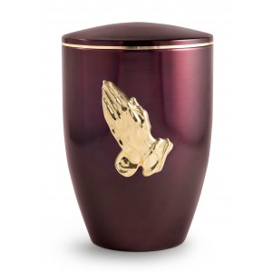 Melina Edition Steel Cremation Ashes Urn - Aubergine with Gold Praying Hands Motif