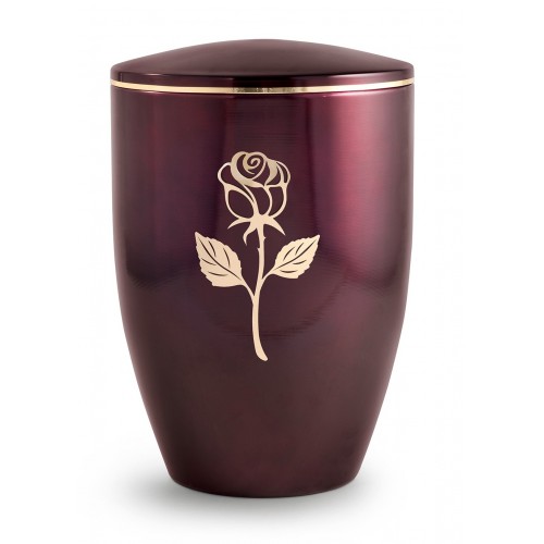 Melina Edition Steel Cremation Ashes Urn - Aubergine with Gold Rose Motif