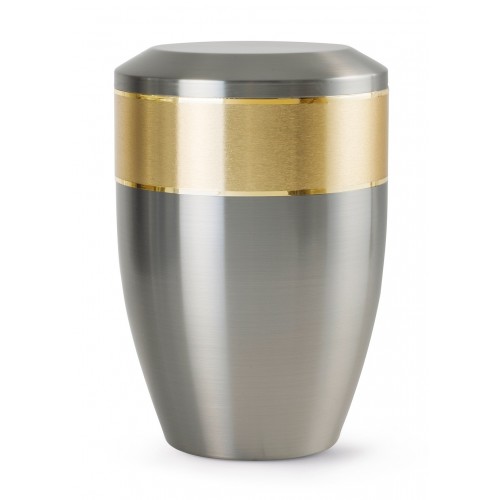 Aurum Edition Steel Cremation Ashes Urn – Brushed Steel with Gold Decorative Band