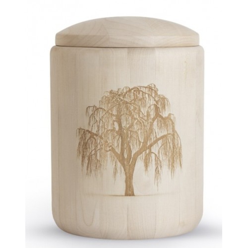 Maple Cremation Ashes Urn – Untreated Surface - Laser Engraved Weeping Willow Tree Motif