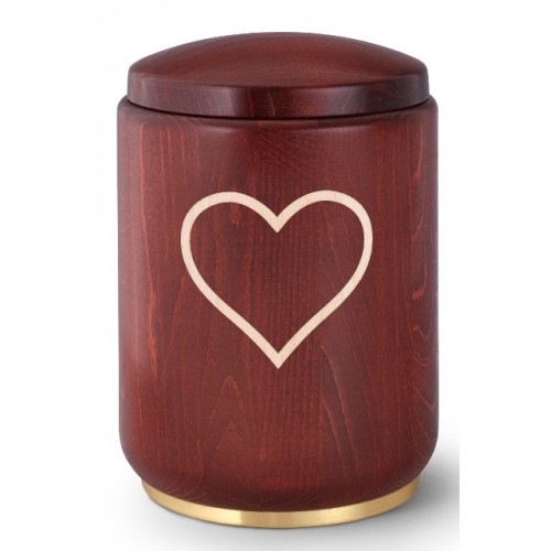 Romance Edition Cremation Ashes Urn – Beech Wood (Stained Mahogany) – Heart Motif – Brass Base